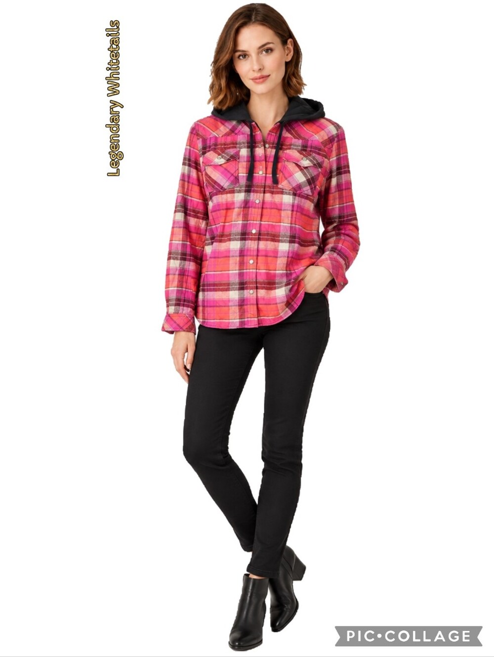 Legendary Whitetails plaid 98% cotton black hooded jacket snap front buttons - Picture 1 of 16